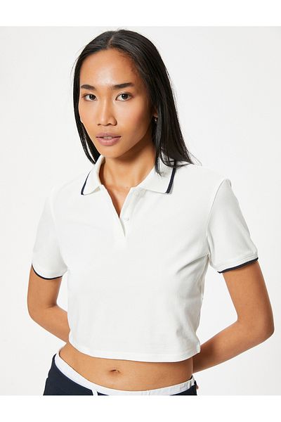 Koton Βαμβακερό T-Shirt Polo Neck Crop - Κοντό μανίκι, κανονική εφαρμογή