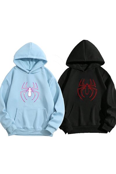 Moda Glo Hanorac supradimensionat unisex cu model de păianjen albastru negru - bumbac cu 3 fire, glugă