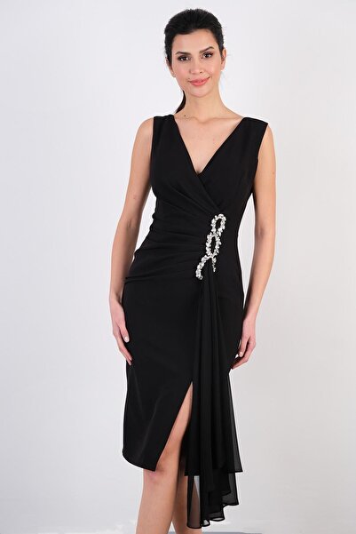 Spazio İnelda Kruvaze Yaka Bel Aksesuar Detaylı Midi Abiye Elbise SİYAH