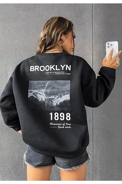 Moda Glo Brooklyn 1898 Printed - Hanorac negru oversize din bumbac fără glugă