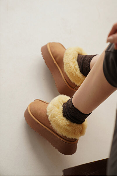 Riccon Loralath Kadın Yüksek Tabanlı Kürklü Rahat Bot 0012203 Taba