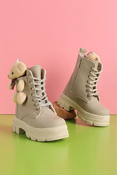 AYBÜK PABUÇ Kız Çocuk Ayı Oyuncaklı Bagcıklı Fermuarlı İçi Yünlü Bot