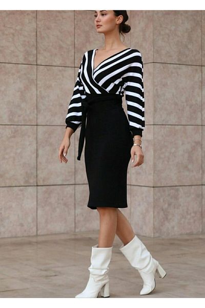 Kokosh moda Rochie tricotată scurtă cu mânecă lungă, cu decolteu dublu, cu imprimeu