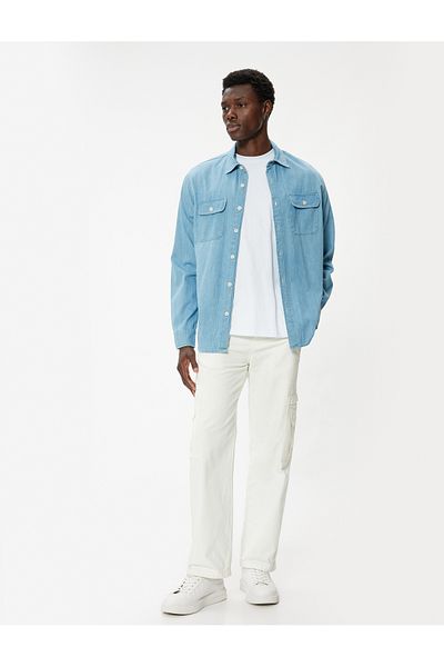 Koton Übergroße Hemdjacke aus Baumwoll-Jeansstoff – lange Ärmel und Taschendetail