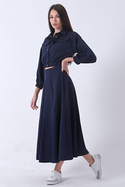 Feminist Beli Lastikli Cepli Ceket ve Etek İkili Takım Lacivert 4595053