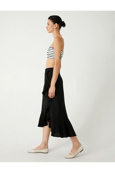 Koton Melis Ağazat - Asymmetrical Cut Midi Skirt, Frilly Viscose Comfortable Fit