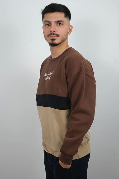 Booss Milano Men's Crew Neck Striped Fleece Sweatshirt Story Brown
