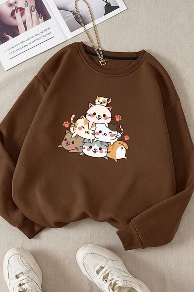 Moda Glo Βαμβακερό φούτερ Unisex Cat Printed Crew Neck