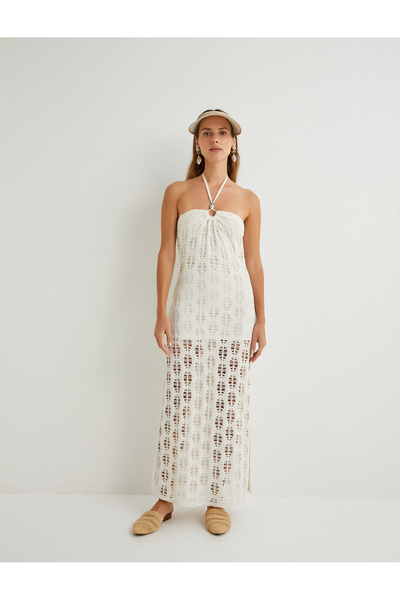 Koton Şahika Ercümen - Μακρύς γιακάς, Φόρεμα με σκίσιμο βελονάκι, Λεπτομέρειες με χάντρες