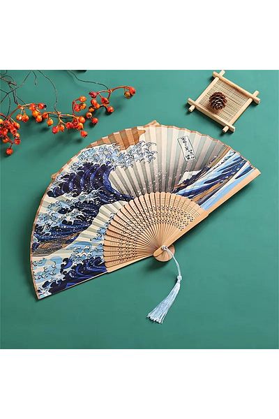Choice 9 Inches 1pc, Japanese Folding Fan Handmade Decorative Kanagawa Wave Foldable Fan Handheld Vintage H