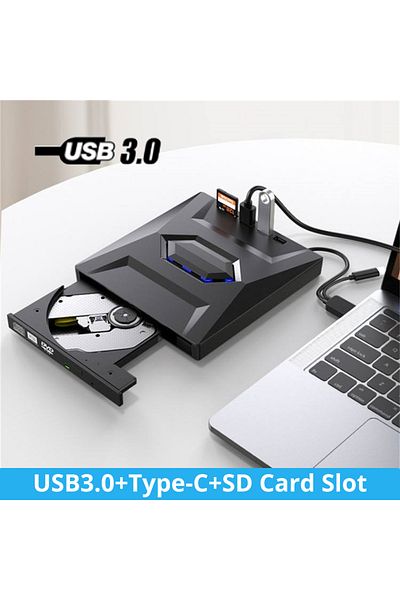 Choice محرك أقراص ضوئية خارجي 4 في 2 بمنفذ USB3.0 Type C مع قارئ بطاقات SD وناسخ أقراص DVD وكاتب أقراص مضغوطة