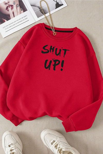 Moda Glo Унисекс памучен суичър с щампа с кръгло деколте Shut Up