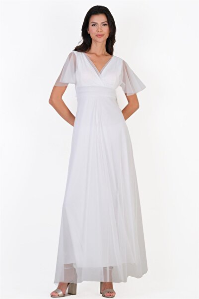 Spazio Donahue Ön Arka V Yaka Beli Drapeli Uzun Abiye Elbise BEYAZ