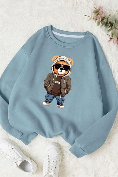 Moda Glo Hanorac unisex din bumbac cu decolteu rotund cu imprimeu Bruh Bear