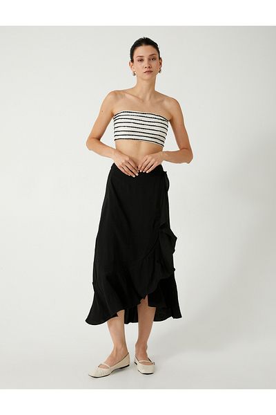 Koton Melis Ağazat - Asymmetrical Cut Midi Skirt, Frilly Viscose Comfortable Fit