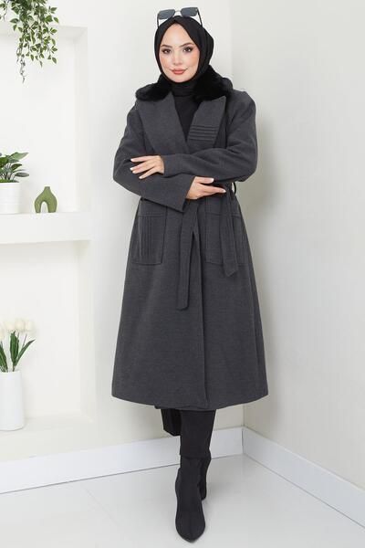 hafsamina Anthracite Stamp Coat - Fur Collar and Ribbed Detail Hm2576
