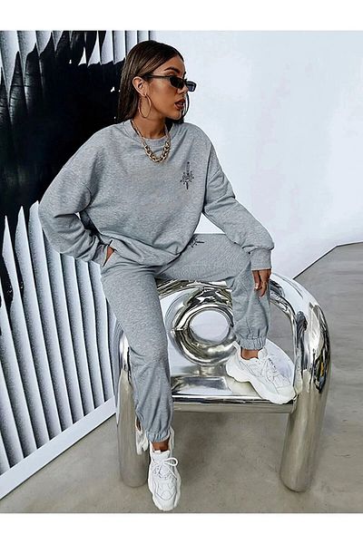HOFFNUNG Full Sweatshirt 3 Thread Women's Sword Printed Crew Neck Tracksuit Set