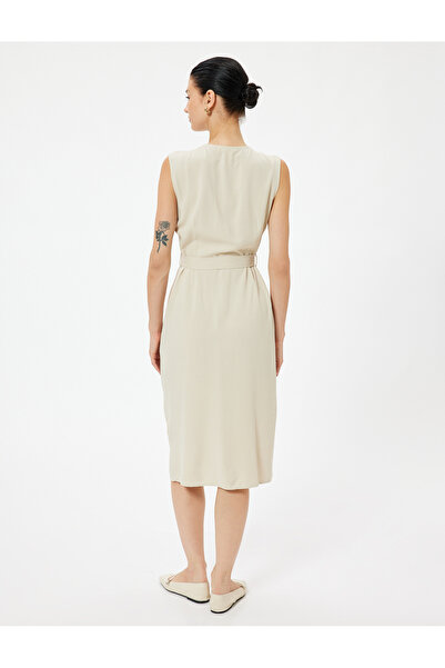 Koton Keten Karışımlı Gömlek Elbise Midi Boy Kolsuz Kemer Detaylı Cepli