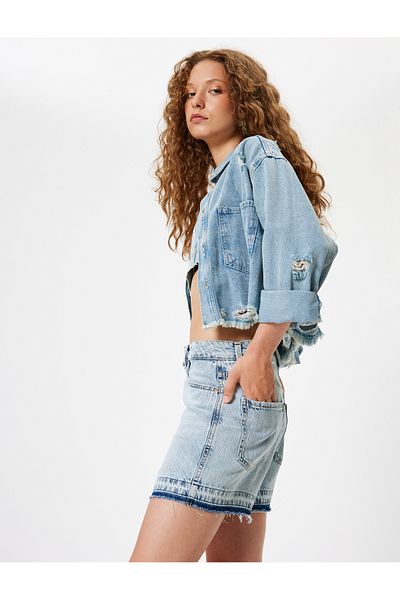 Koton High Waist Cut-Out Troddel-Mini-Jeansshorts - Knopftasche, Baumwolle
