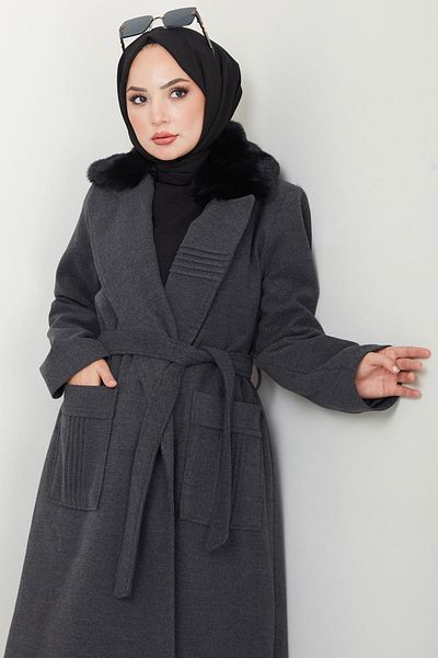 hafsamina Παλτό Anthracite Stamp - Γούνινο γιακά και Λεπτομέρεια με ραβδώσεις HM2576