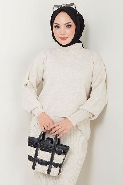 hafsamina Stone Colored Knitwear Gilet Sweater and Suit - Hm2597