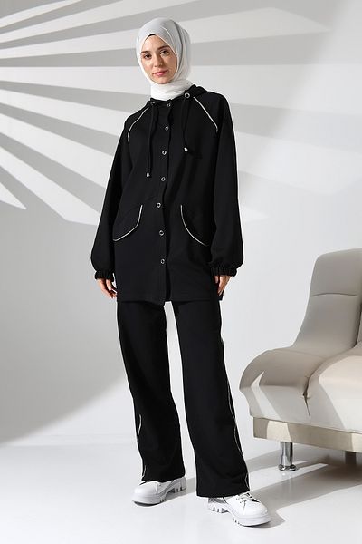 Mihran Butik Γυναικείο εποχιακό χτενισμένο βαμβακερό τοπ αθλητικό και άνετο μαύρο κοστούμι χιτζάμπ