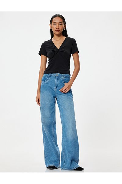 Koton V-Neck Draped Short Sleeve T-Shirt