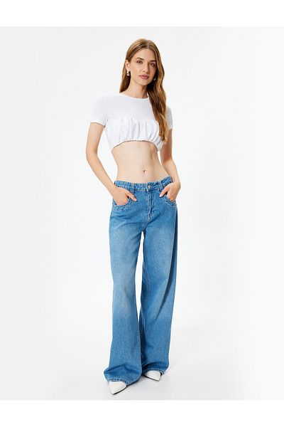 Koton Μπλουζάκι Skinny Crop με μπαλόνι - κοντό μανίκι, στρογγυλή λαιμόκοψη, βαμβακερό