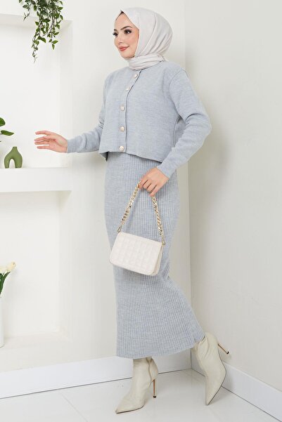 hafsamina Gray Knitwear Set - Cardigan and Gilet Hm2581