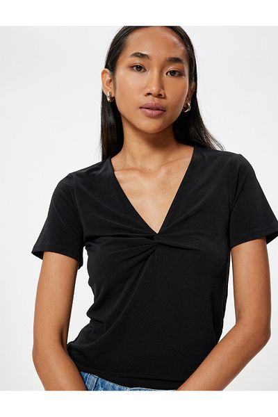 Koton V-Neck Draped Short Sleeve T-Shirt