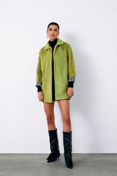 Sateen Leopard Lined Plush Coat - Green