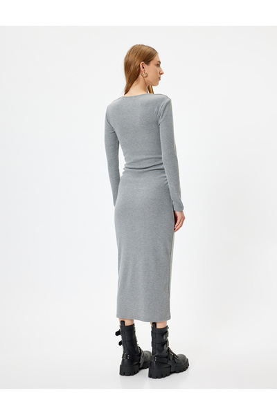 Koton Midi Boy Kalem Elbise Fitilli Uzun Kollu Bisiklet Yaka Slim Fit