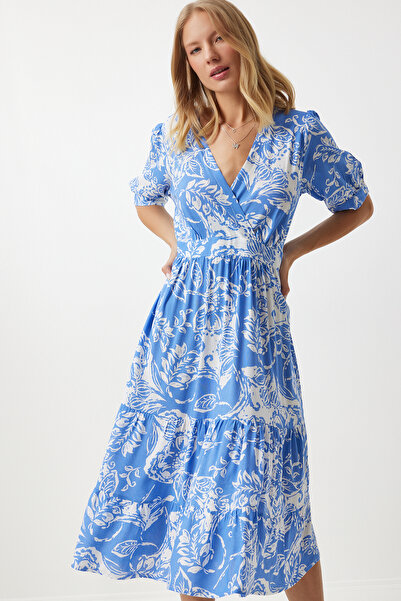 Lovelyİstanbul Rochie de vară din viscoză cu gât înfășurat ALBASTRU LRV0077