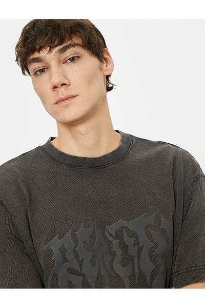 Koton Cotton Short Sleeve T-Shirt - Crew Neck, Graffiti Embroidered