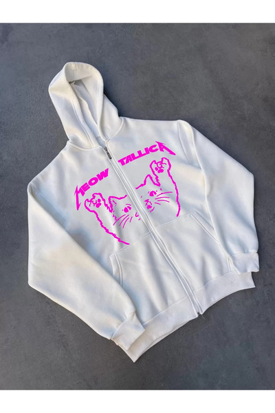 LUMİART Women's Three-Thread Winter Printed Zippered Hooded Cardigan - White