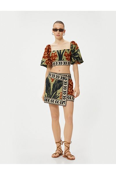 Koton Tropical printed βαμβακερή μίνι σορτς φούστα - Κανονική μέση