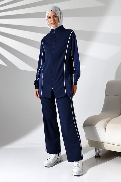 Mihran Butik Women's Seasonal Combed Cotton Bottom Top Sports and Comfortable Navy Blue Double Tunic Pants Stylish Hijab Suit