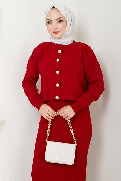 hafsamina Κόκκινο Σετ Πλεκτό - Ζακέτα και Gilet HM2581