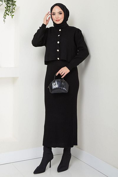 hafsamina Black Knitwear Gilet Set - Hm2581