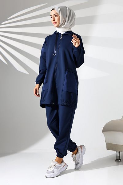 Mihran Butik Women's Seasonal Combed Cotton Bottom Top Sports and Comfortable Navy Blue Hijab Set