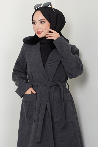 hafsamina Anthracite Stamp Coat - Fur Collar and Ribbed Detail Hm2576