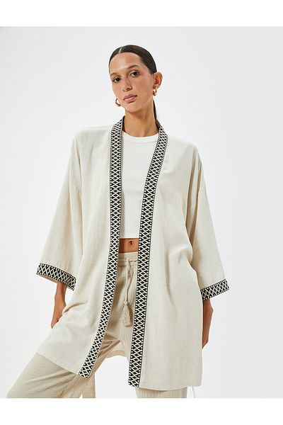 Koton Oversize Linen Viscose Kimono - 3/4 Sleeve Pattern and Belt Detail
