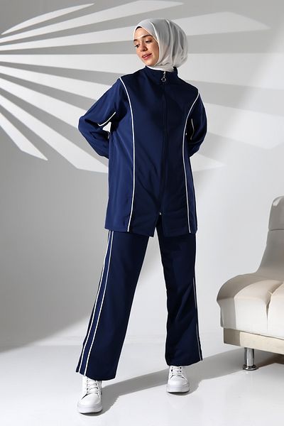 Mihran Butik Women's Seasonal Combed Cotton Bottom Top Sports and Comfortable Navy Blue Double Tunic Pants Stylish Hijab Suit