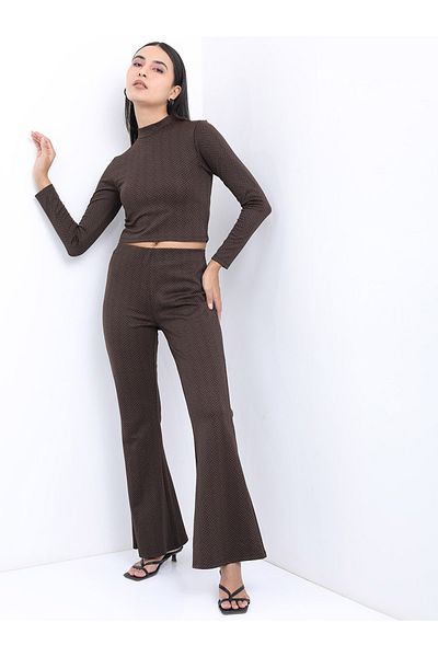 Tokyo Talkies By Styli High Rise Jacquard Bootcut Trousers