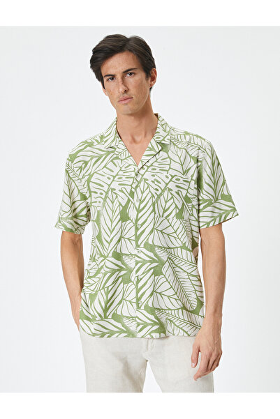 Koton Gemustertes Hemd mit Blumenmuster, Umlegekragen und Taschendetail aus Leinenmischung