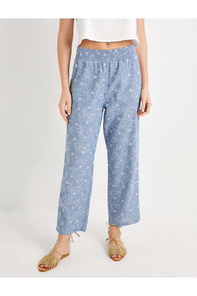 Koton Culotte Pantolon Beli Lastikli Cep Detaylı Çiçek İşlemeli