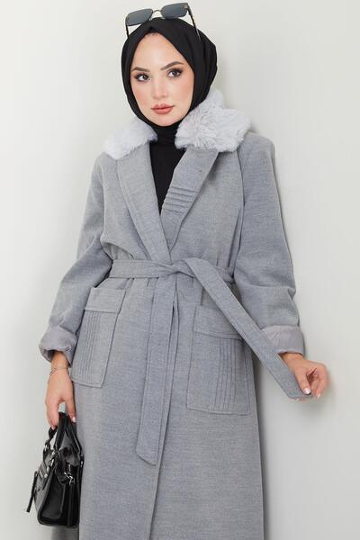 hafsamina Gray Stamp Coat - Fur Collar and Ribbed Detail Hm2576