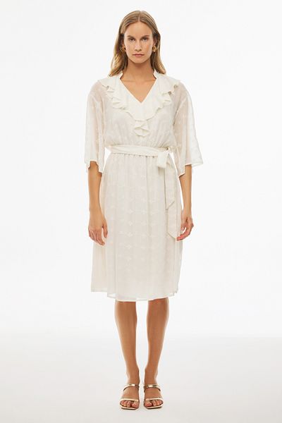Perspective Akilas Ecru V-Neck Low Sleeve Regular Fit Dress