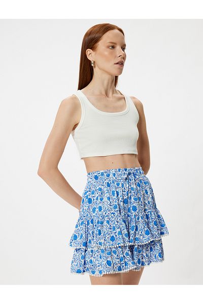 Koton Layered Tie Waist Frilly Floral Patterned Mini Skirt