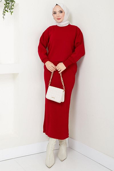 hafsamina Red Knitwear Gilet Sweater and Suit - Hm2597